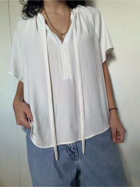 H&M White Tie-Detail Short Sleeve Blouse